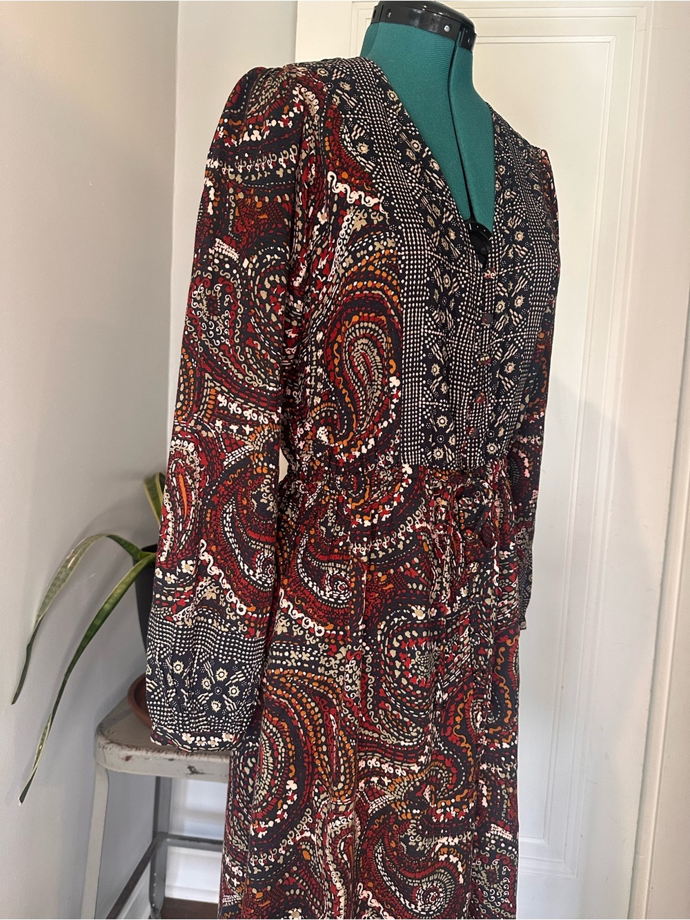 Knox Rose Burgundy Paisley Long Sleeve Maxi Dress with buttons - Picture 6 of 11